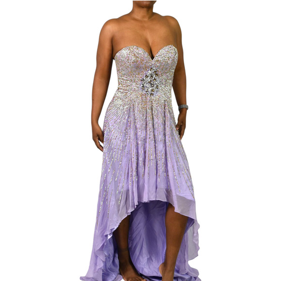 Sherri Hill Silk Dress Purple Sequin Sweetheart Hi Low Strapless Gown Formal 8 - Picture 2 of 16